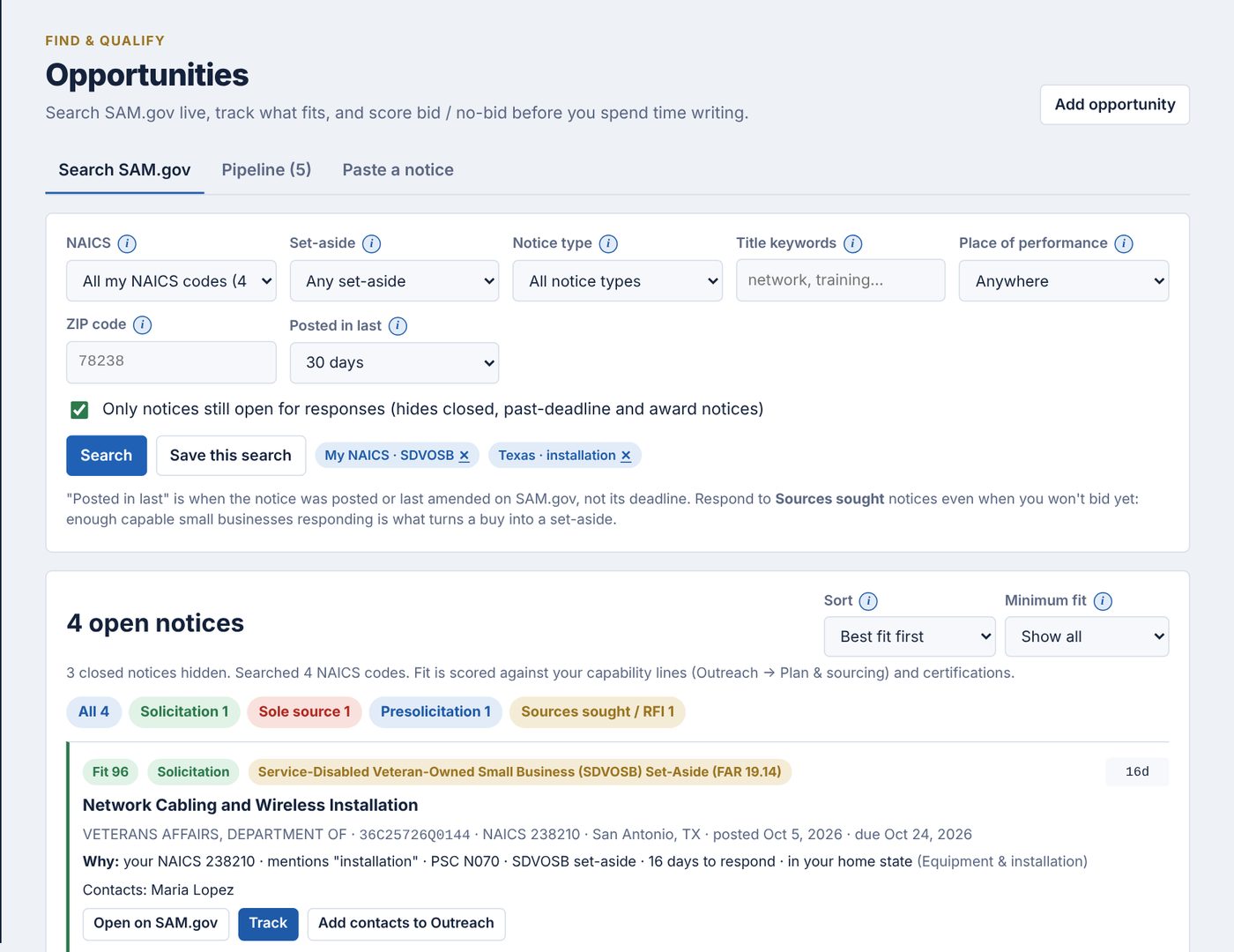 SAM.gov search results ranked by fit score with notice-type tags