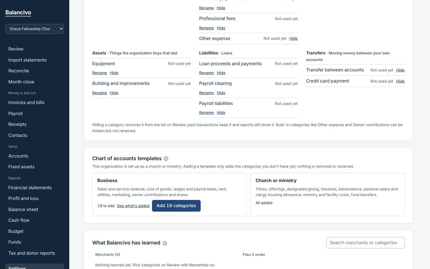 Chart of accounts templates in Settings, with Business and Church or ministry options