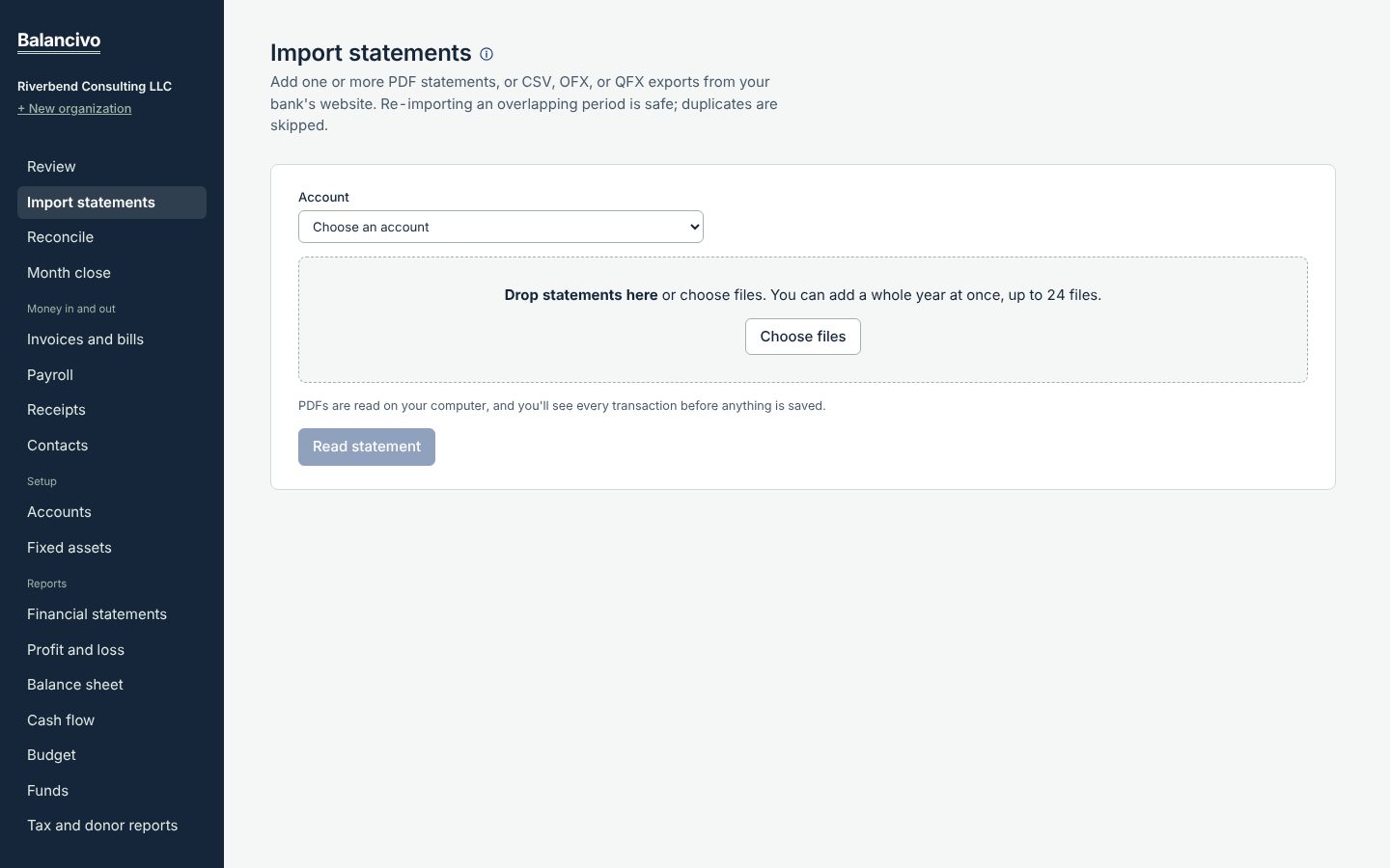 The Import statements page with a drop zone for statement files