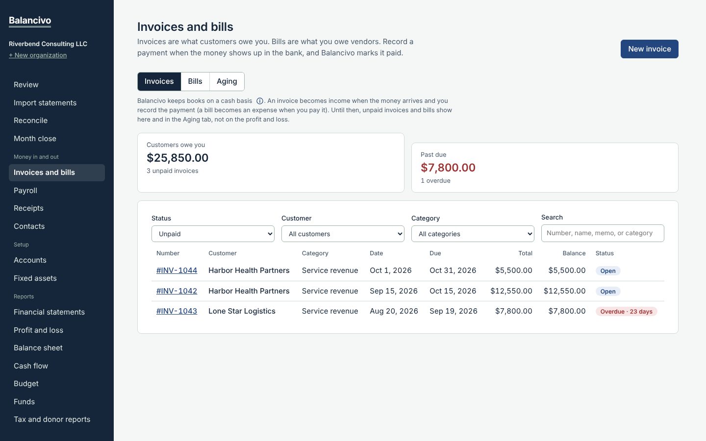 Invoices list showing what customers owe and one overdue invoice