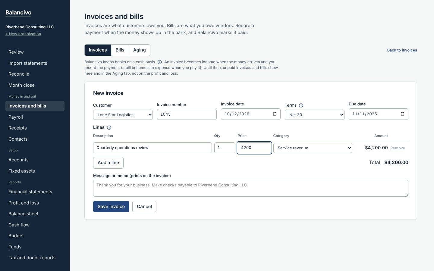 The New invoice form with a customer, one line and a total