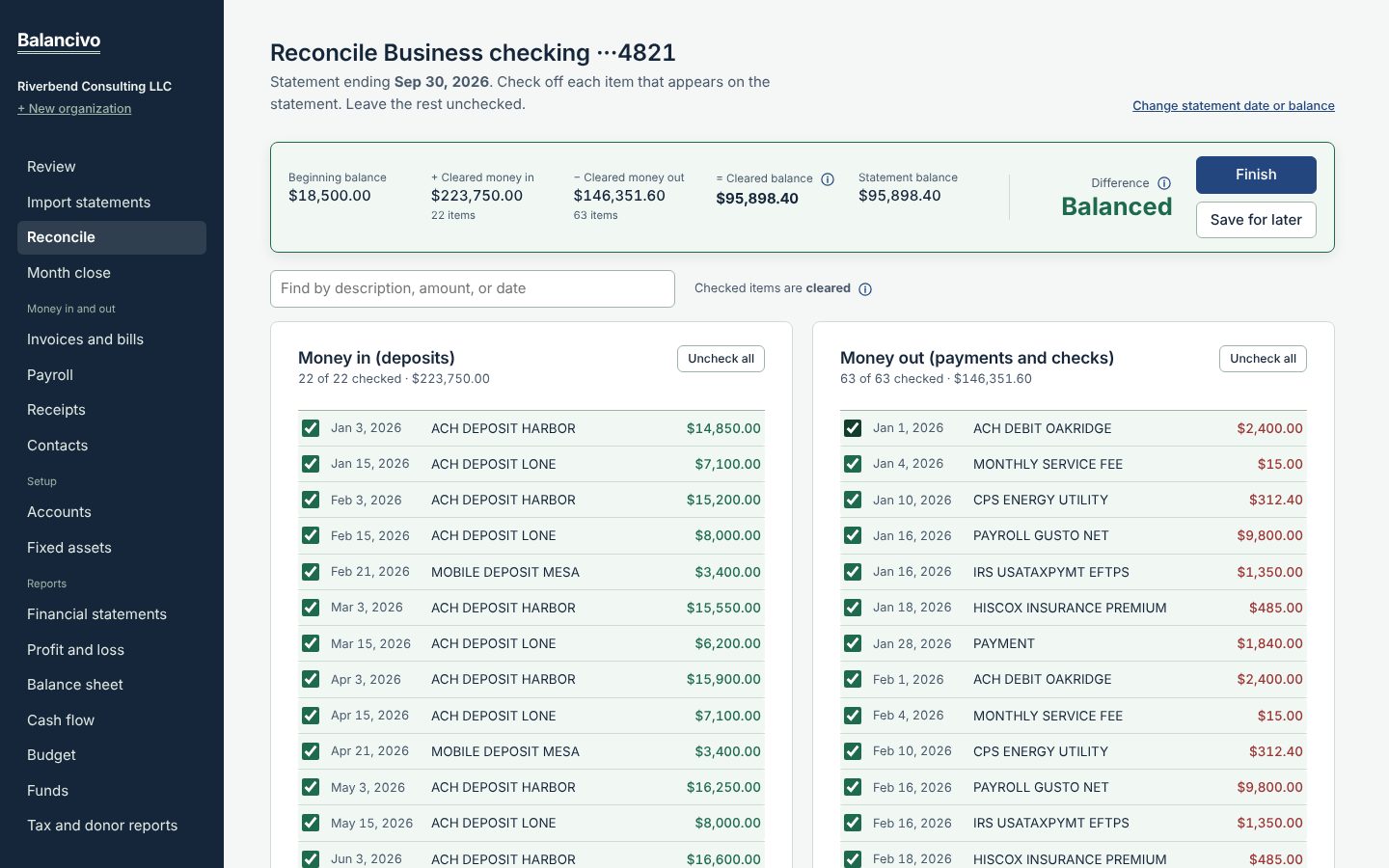 Reconciling a checking account: every item checked and the difference showing Balanced