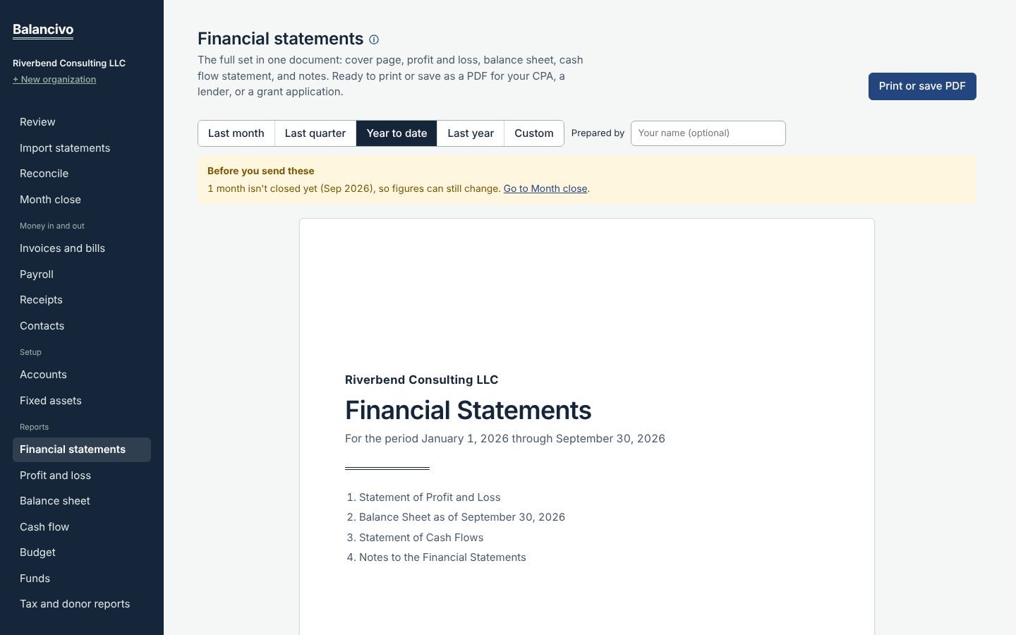 The financial statements package cover page with its list of statements